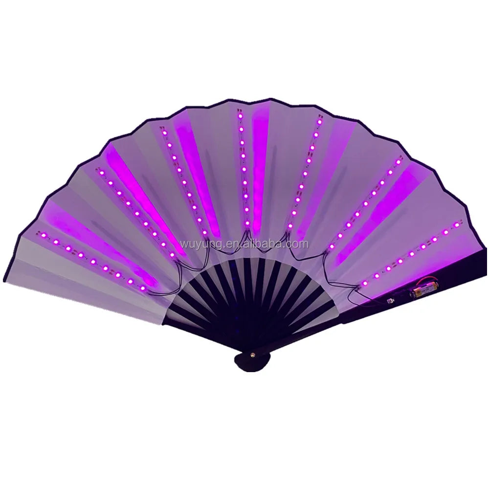 Hot Sales  Colorful LED Light Fan In Stock  for Men Customized logo Black Bamboo Bone White Spun Silk Cloth Hand Fan For Wedd