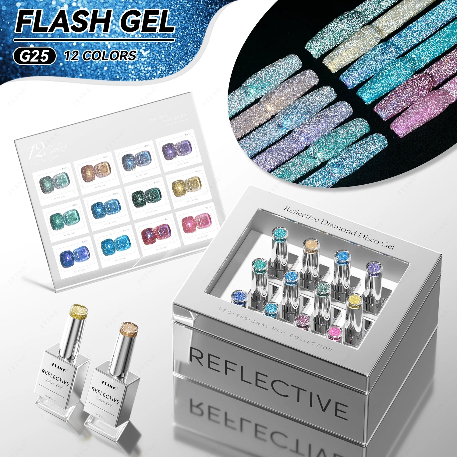 JTING Unique Effect Free Custom 12colors Reflective Disco Diamond Gel Nail Polish Set Box Collection OEM ODM Nail Supplies