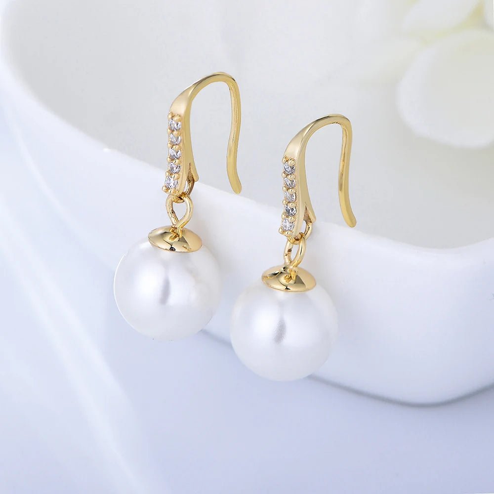 Classic Round Big Shell Pearl Hook Psj 925 Sterling Silver 14k Gold Plated Cubic Zircon Shell Pearl Drop Ball Earrings for Wo