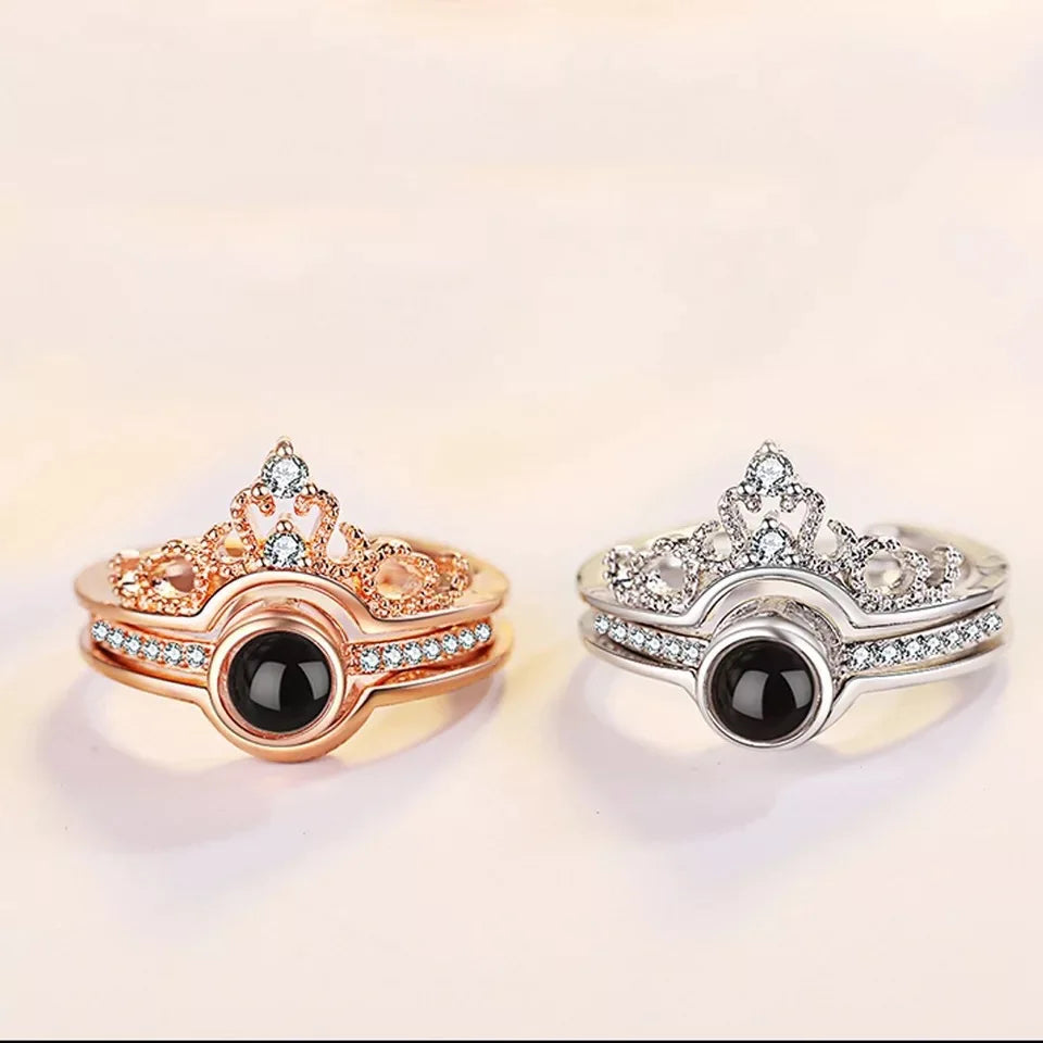 Brass Rose Gold Plated Zircon Prong Setting 100 Languages I Love You Unisex Women Men Projected Crown Combination Ring