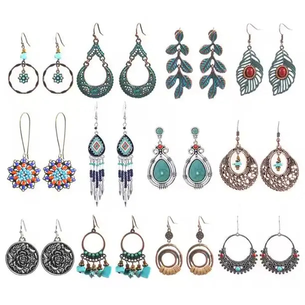 12 Styles Vintage Bohemia Style Antique Bronze Gold Plated Metal Leaf Seed Beads Turquoise Boho Earring Jewelry for Women
