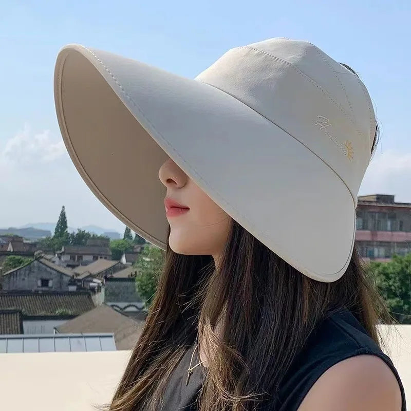 Women's Summer Hat for the Sun Wide Brim UV Neck Protection Solar Beach Bucket Hats Foldable Ponytail Travel Panama Caps