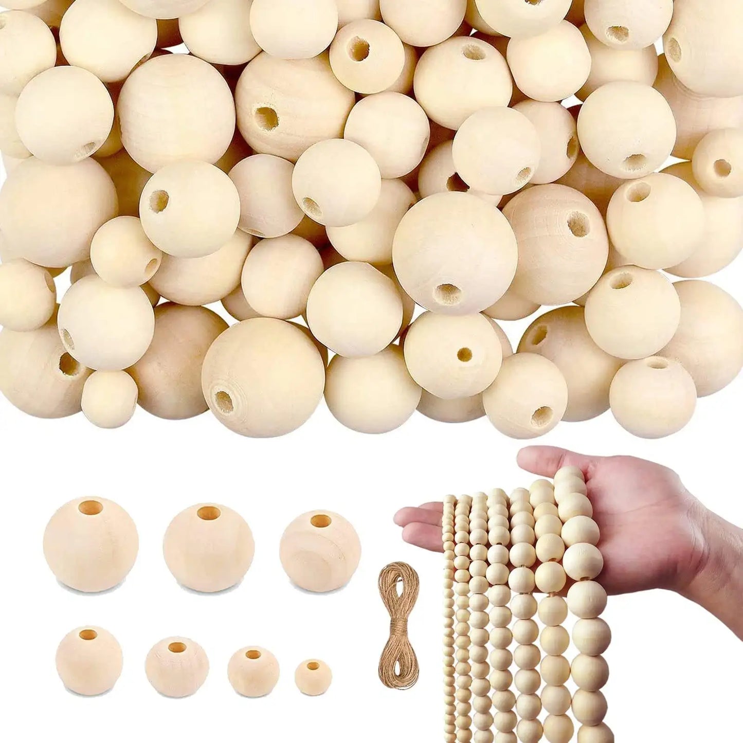 700 Pcs Wooden Beads with Jute Twine and  7 Sizes Unfinished Wood Beads for Crafts