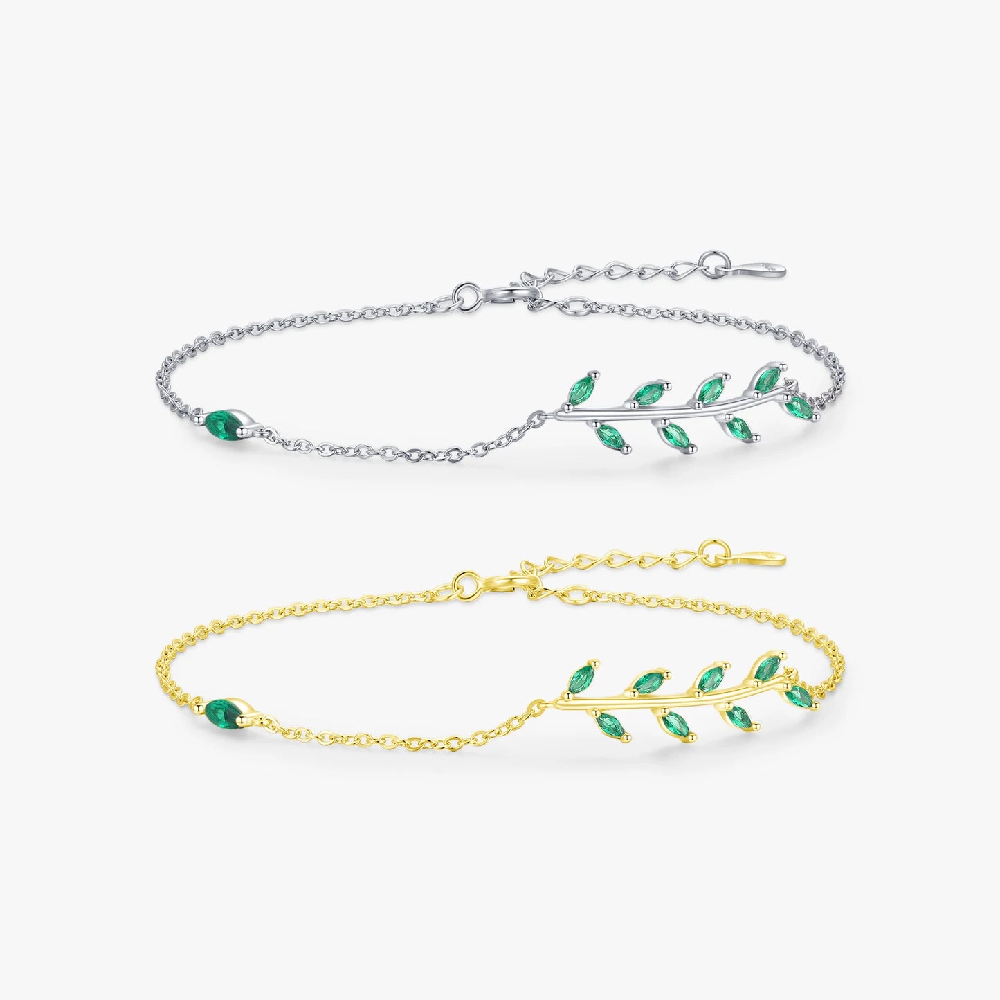 925 Sterling Silver Green Leaf Zirconia Adjustable Link Chain Bracelet for Women Fashion Wedding Jewelry Accessories
