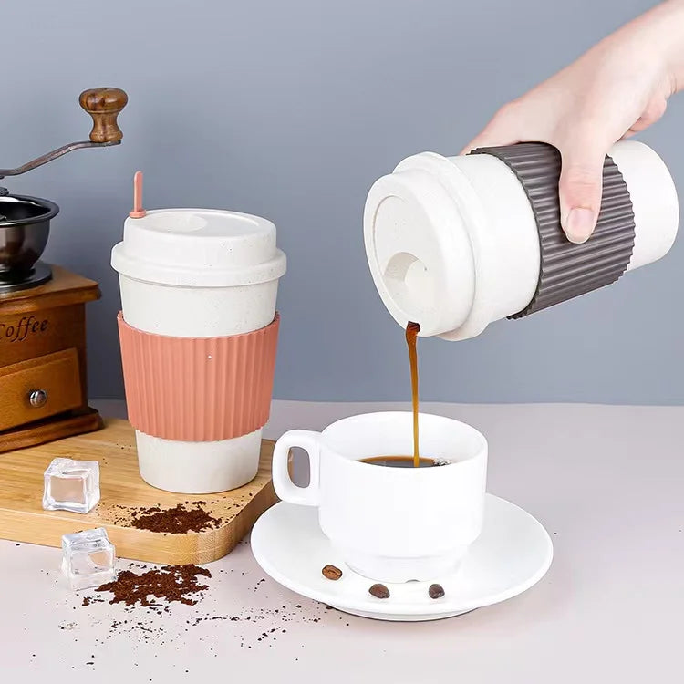400ml Classic Eco-Friendly Reusable Wheat Fiber Coffee Tea Cup with Lid and Non-Slip Plastic Sleeve for Business Gifts