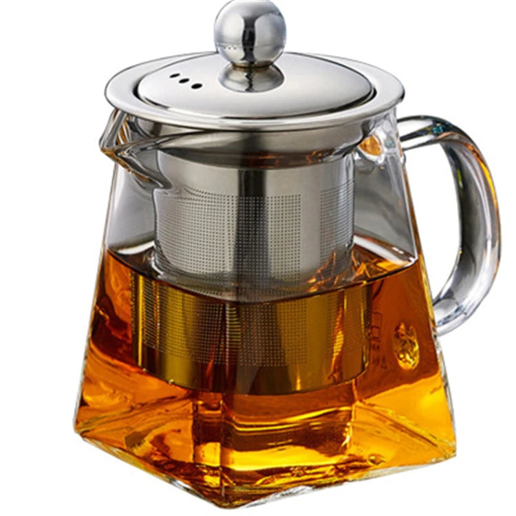 450ML 750ml Borosilicate Glass Stovetop Safe Square Coffee Tea Leaf Herbal Pot Glass Teapot Stainless Steel Infuser Hand Blow