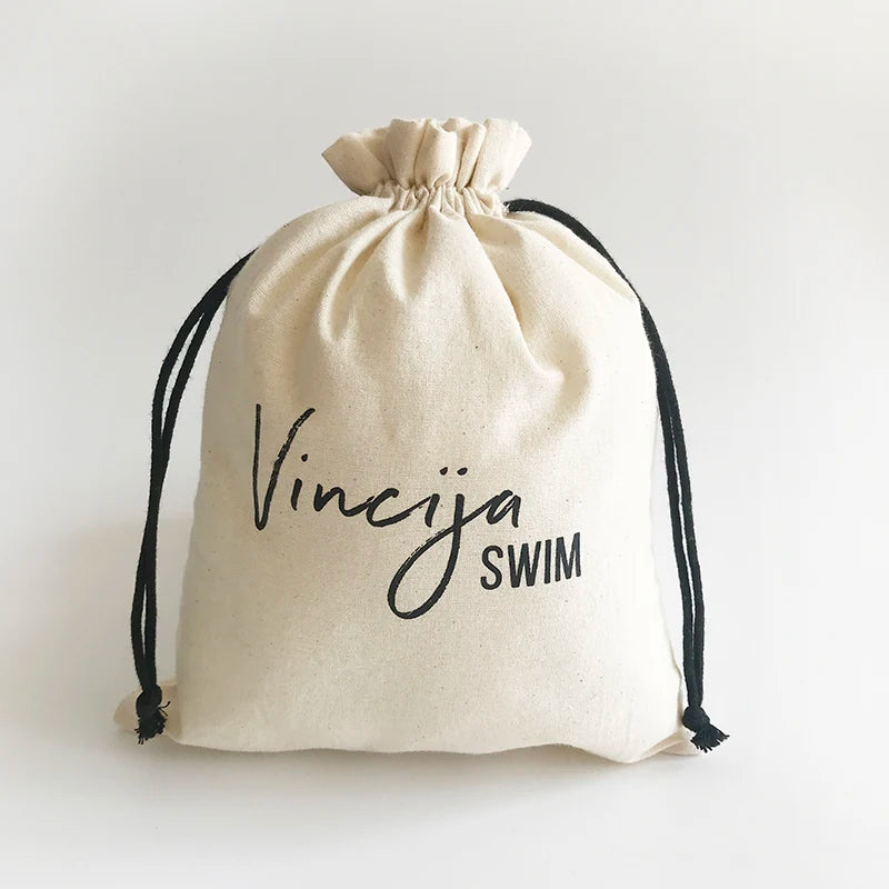 Eco Friendly Custom Logo 20x25cm Natural Drawstring Cotton Swimsuit & Bikini Bags for Beach