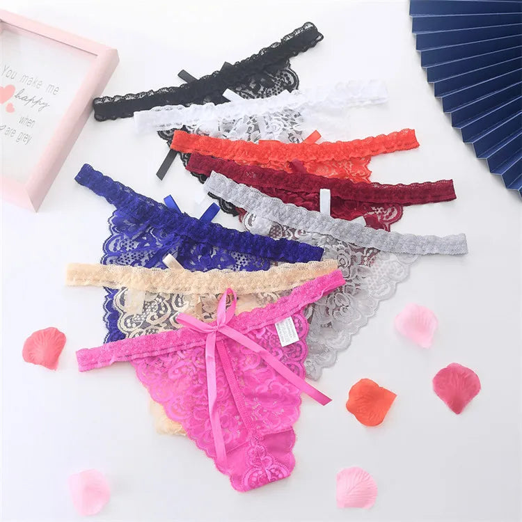Womens g String Thong Lace Panties With Bow Ladies T Back Low Rise Underwear Sexy Nightie Lingerie