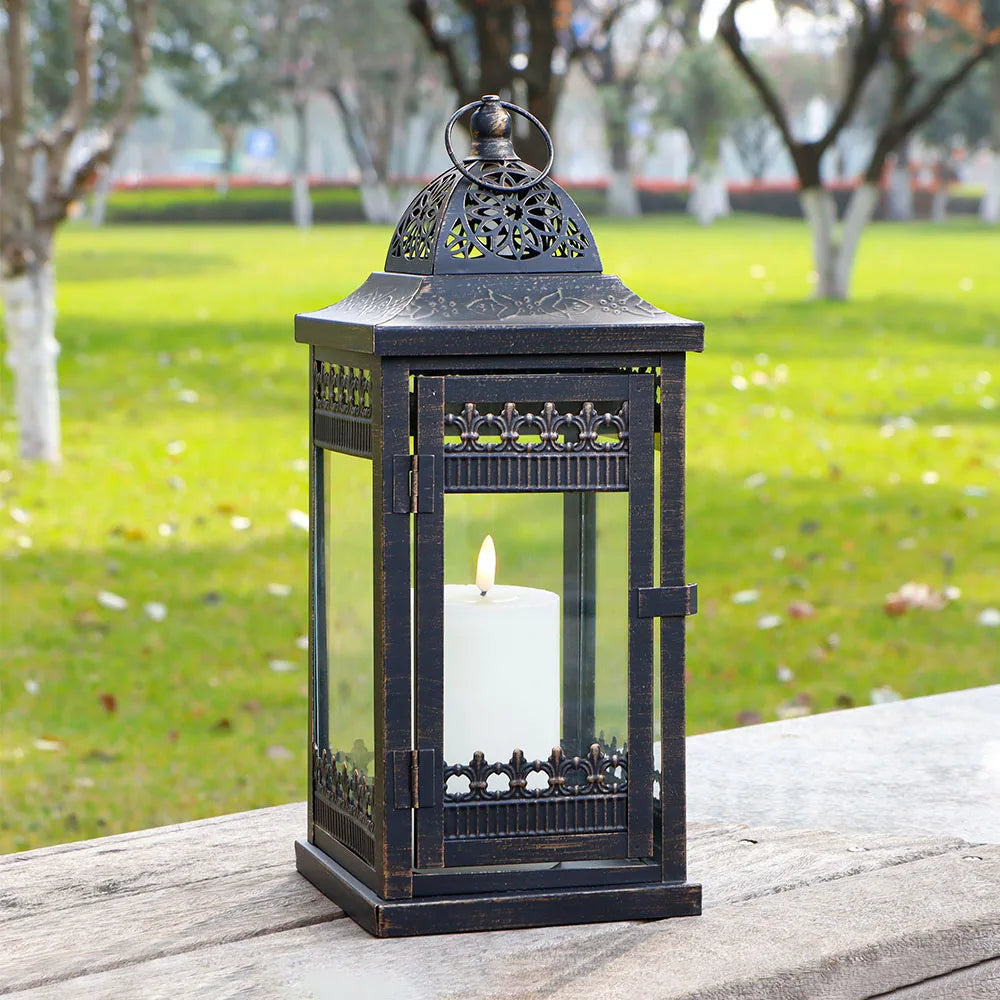 Vintage Black Metal Candle Lantern and Clear Tempered Glass Candle Lanterns Hanging Lantern for Outdoor Garden Decor