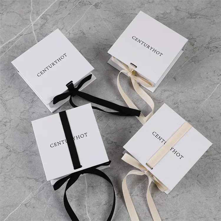 Luxury Jewelry Packaging Box Customizable logo Printed Gold Magnetic Ring Jewelry Box with Ribbon
