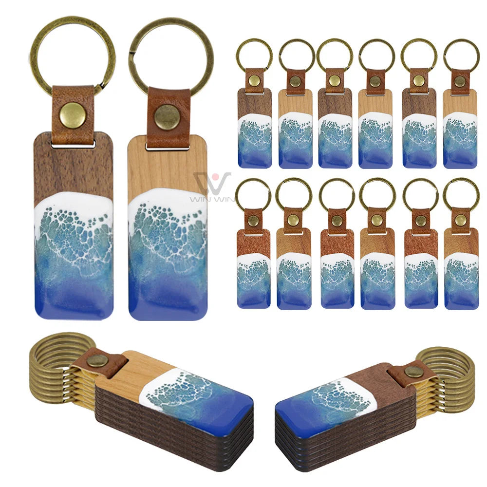 New Material Handmade Wooden PU Leather Ring Customized Beach Wave Keychains