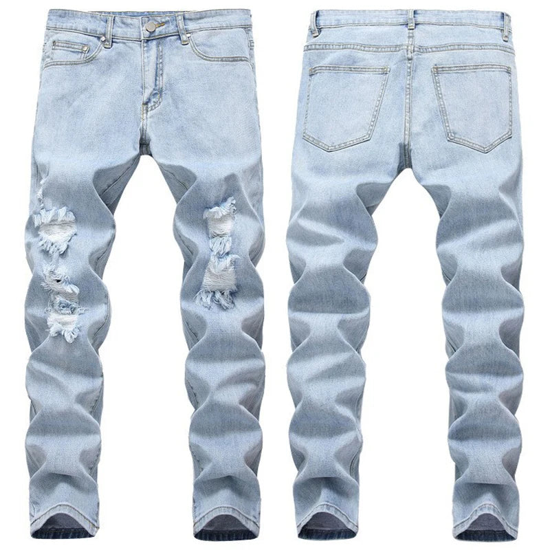 AeeDenim Custom Ripped Knee Frayed Small Straight Slim Jeans European American Style Men's Stretch Trousers Pants