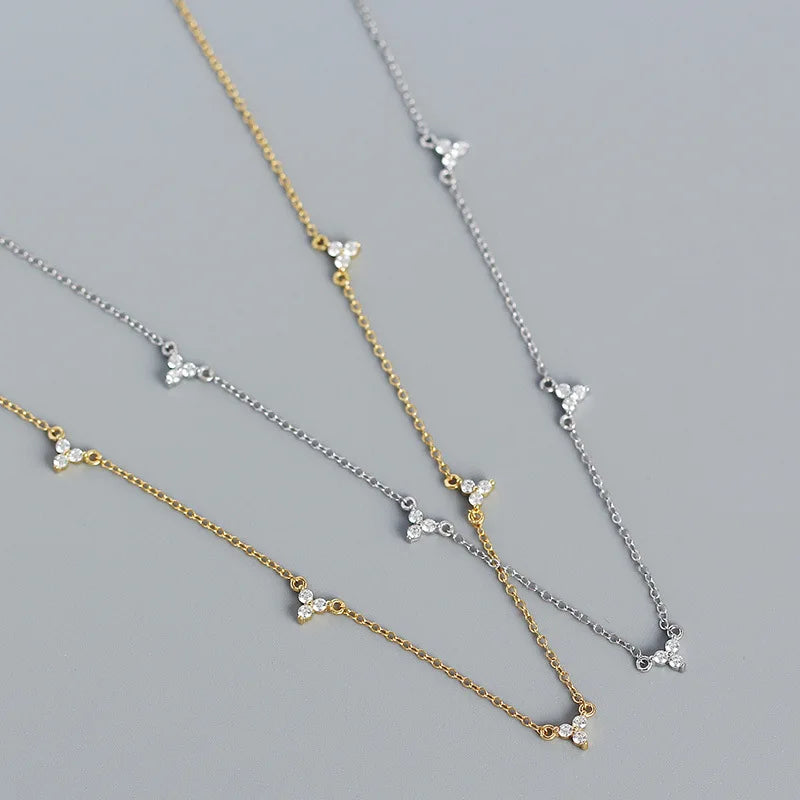 Elegant 18K Gold Plated Flower Necklace  925 Sterling Sliver Three Zircon Choker Necklaces for Women Girls