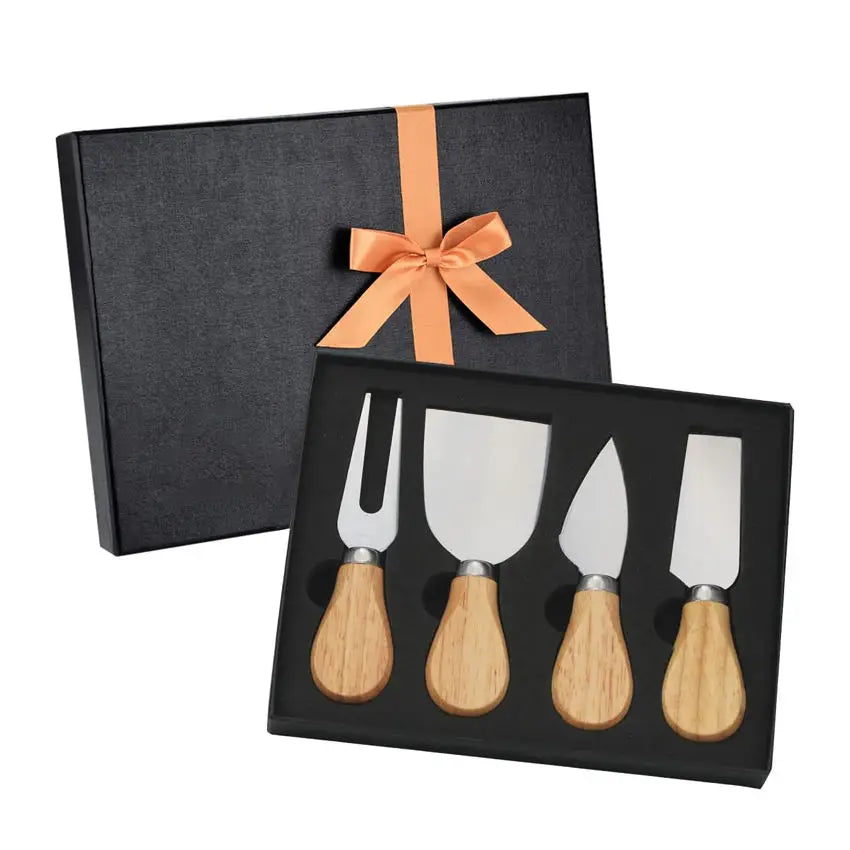Premium 4-Piece Cheese Tools Set Stainless Steel Knives & Forks with Wooden Handles for Home & Restaurant Use Packaged Gift B