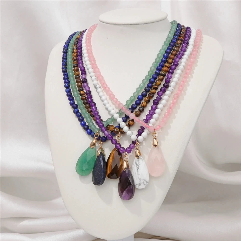 4mm Round Amethyst Tiger Eye Stone Beaded Choker Necklace Faceted Teardrop Pendant Adjustable Necklace for Women Men