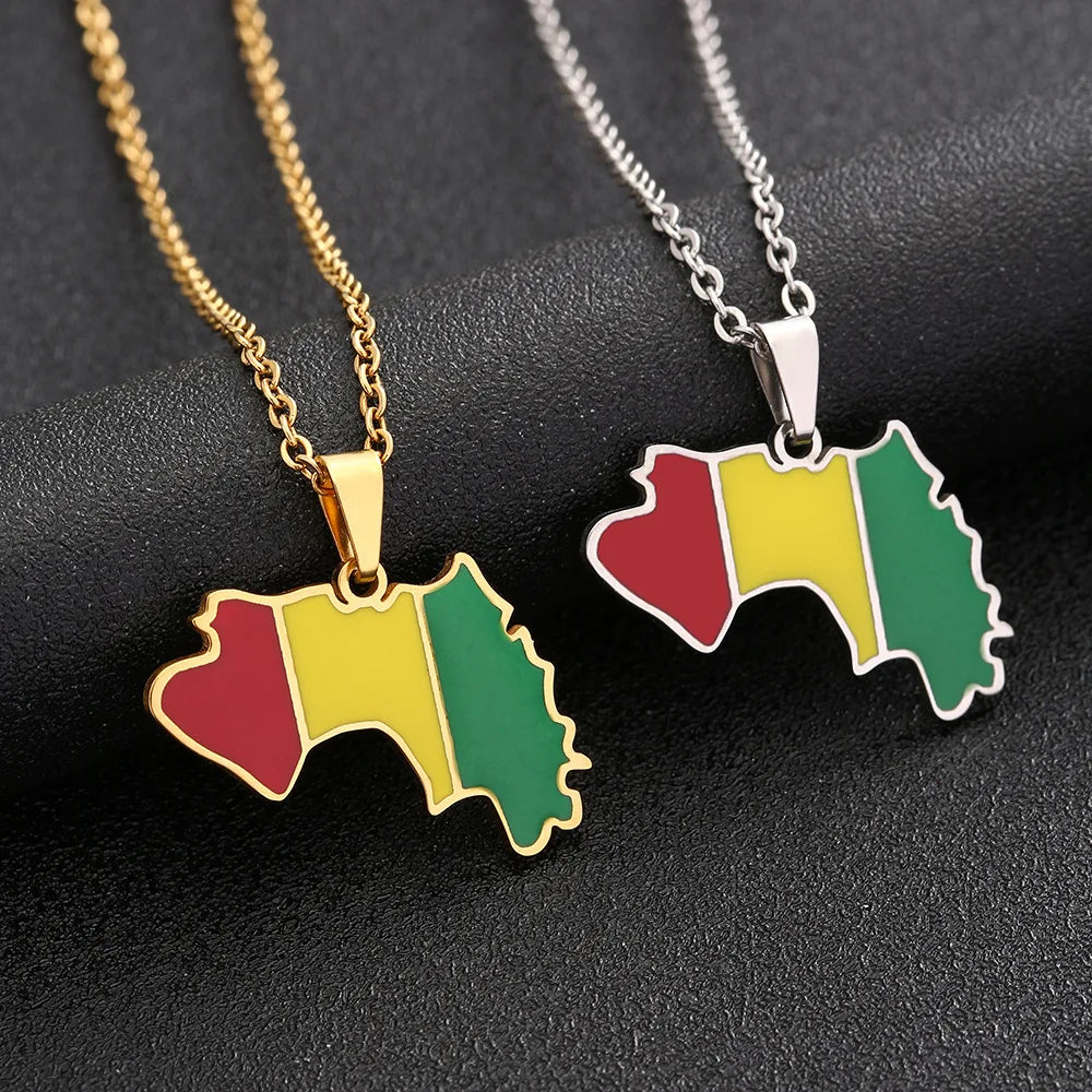 18K Gold Plated Guinean Charm Link Chain Necklaces Stainless Steel Enameled Guinea National Flag Map Pendant Necklace