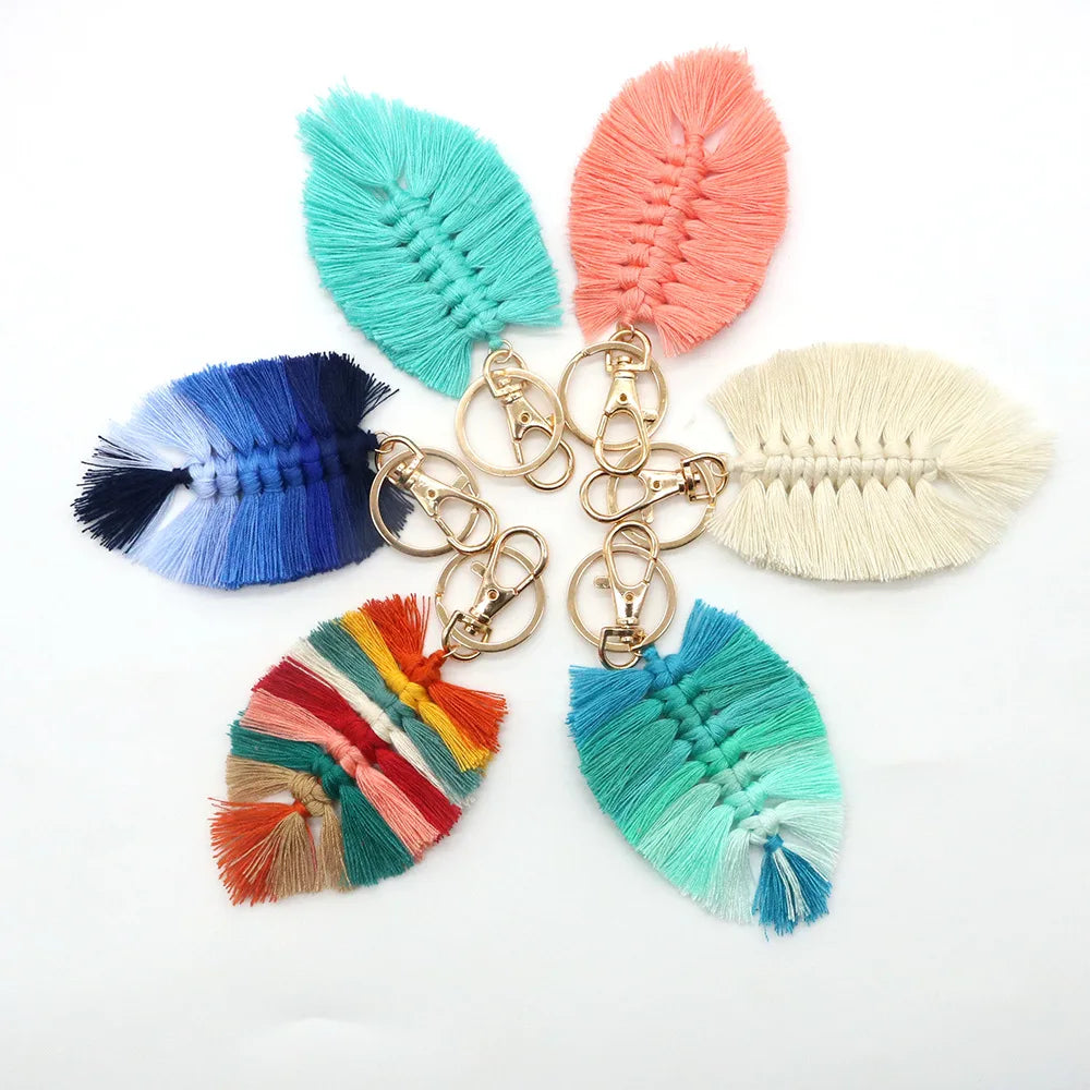Boho Bohemian Handmade Weaving Leaf Boho rainbow Tassel Key Chain Macrame Woven Key Chains Leaf Boho Decor Bag Charm Pendant