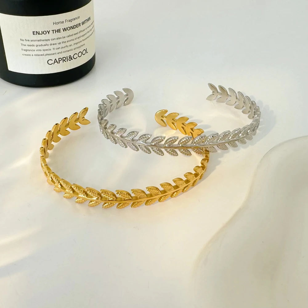 Fashionable Wheat Ear Design Opening Bangle Joyas De Acero Inoxidable Titanium Steel Gold-plated Bracelet