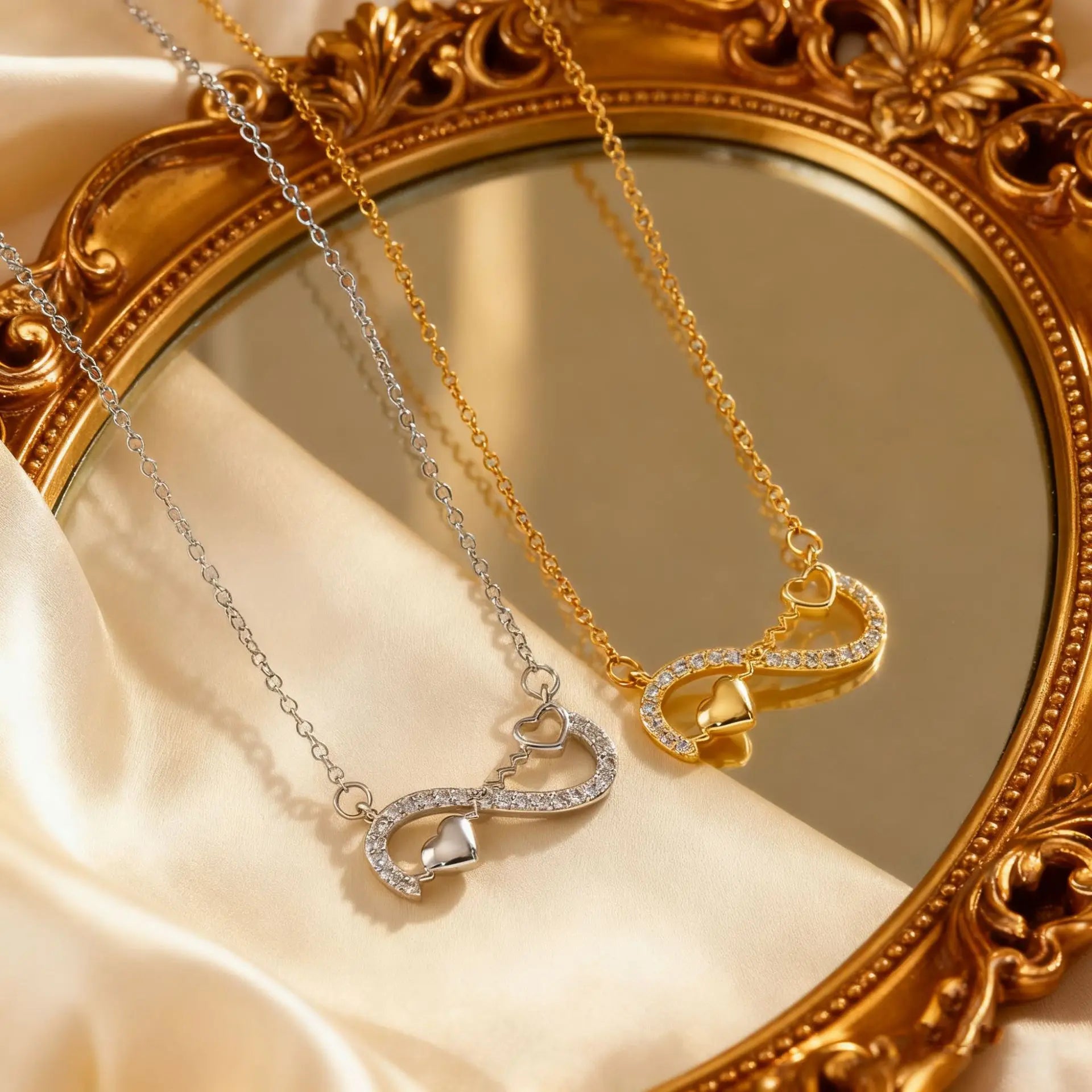 Real Gold Plated Stainless Steel Chain Choker Necklace Infinite 8 Zircon Heart Charm Women Girl Party Pendant Necklaces Jewel