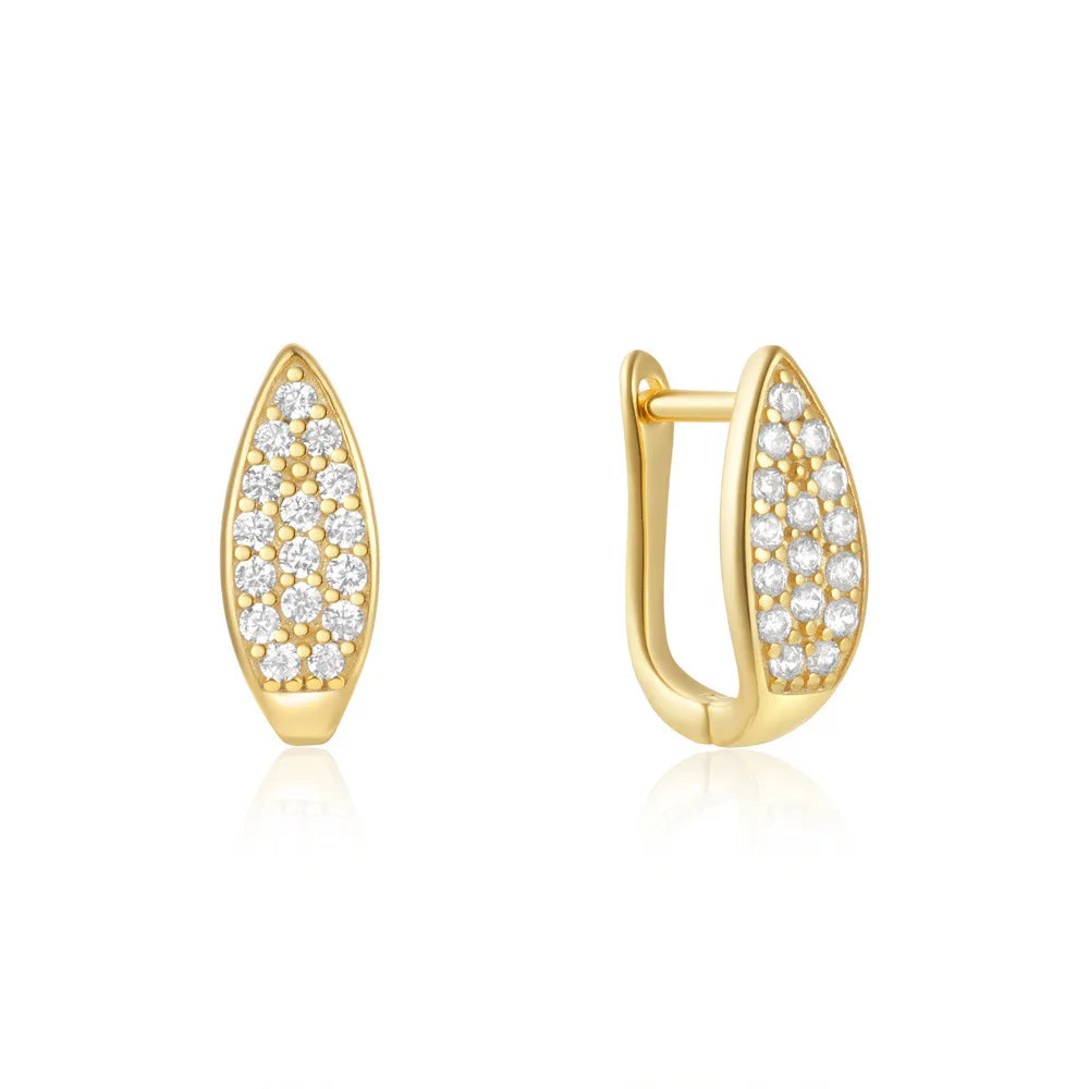Fashion Jewelry 925 Sterling Silver Earrings Geometric Leaf Shape Full Diamond Gold Plated Hoop Earrings Women Luxury