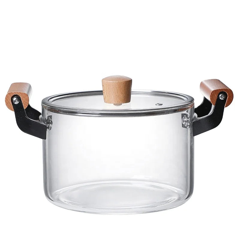 2024 Wholesale clear Glass Soup Stew with Cover Wood Handle Vertical Grain Multi-style Cooking Noodles Glass Soup Pot