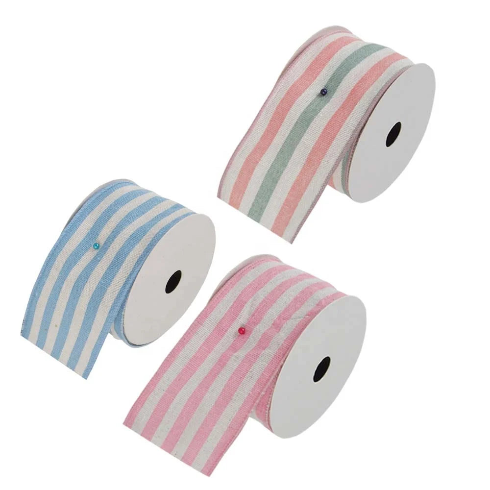Custom Pink Blue Polyester Ribbon Spool with Stripe Wire Edge for DIY Bows Gift Wrapping Easter