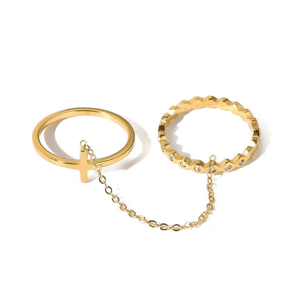 Women's Trendy 18K Gold Plated Stainless Steel Statement Chain Set with Finger Ring Ins Design