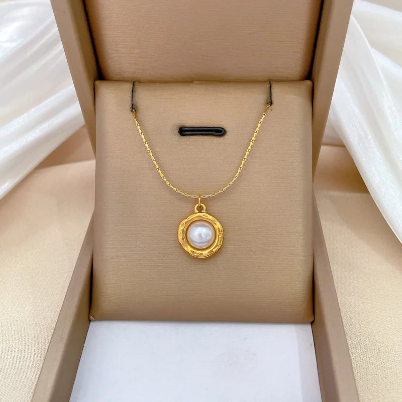 Titanium Steel Circular Pearl Shape Necklace for Women Collar Chain Stainless Steel Jewelry Charm