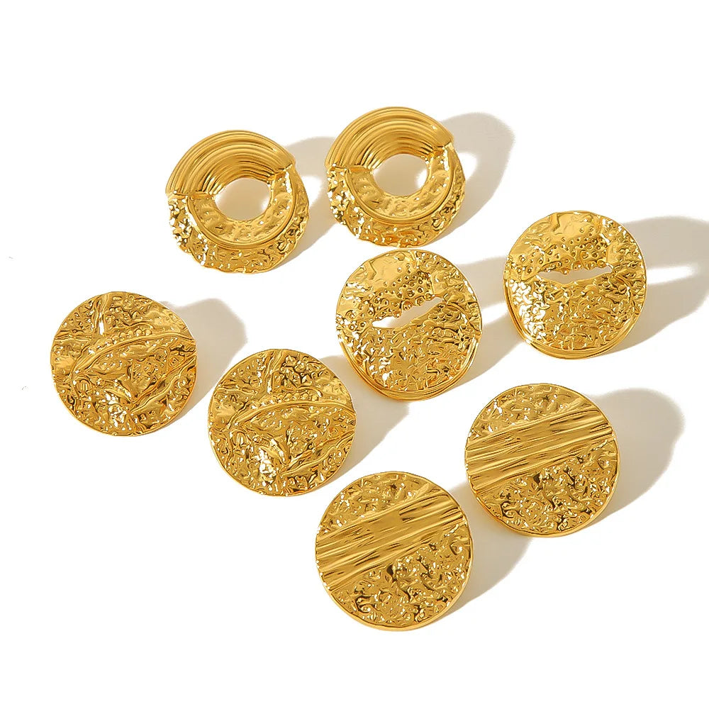 French Vintage Design Pleated Texture Earrings 18K Gold Stainless Steel Geometric Round Earrings Niche Fashion