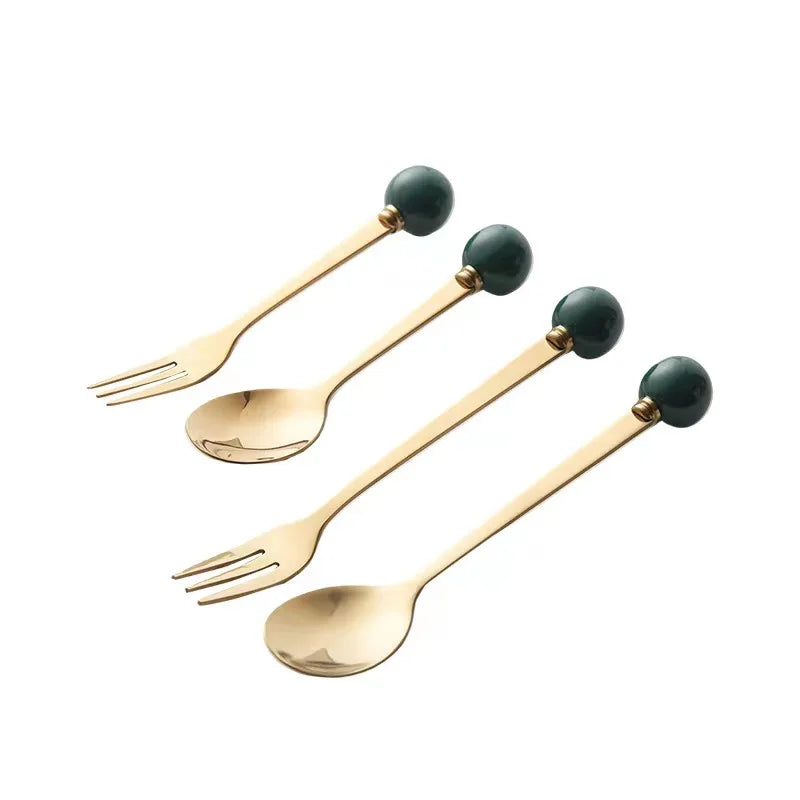 Hot Selling  Stainless Steel  Mini Gold Tea Spoon Ceramic Ball Handle Coffee Spoon and Fruit Spoon Fork