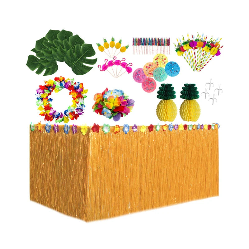 Best Selling Turtleback Leaf Luau Leis Straw Grass Hawaiian Party Table Skirt Luau Party Decorations for Hawaiian Summer Part