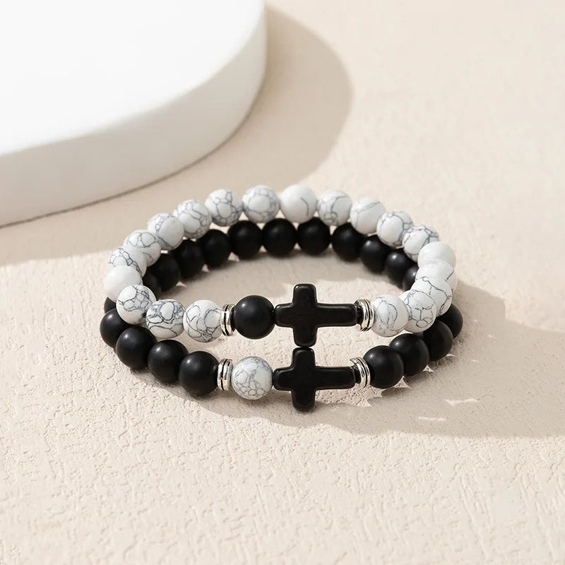 Classic Jewelry Natural Stone Obsidian Cross Bracelet White Turquoise Cross Couple Bracelet for Gift