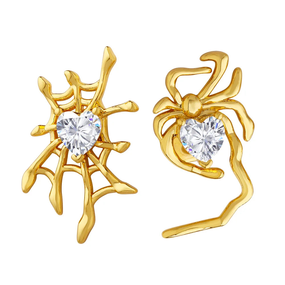 Fashion Jewelry Earrings Valentine Earrings Stainless Steel Real 18k Gold Plated Heart Diamond Spider Stud Earrings