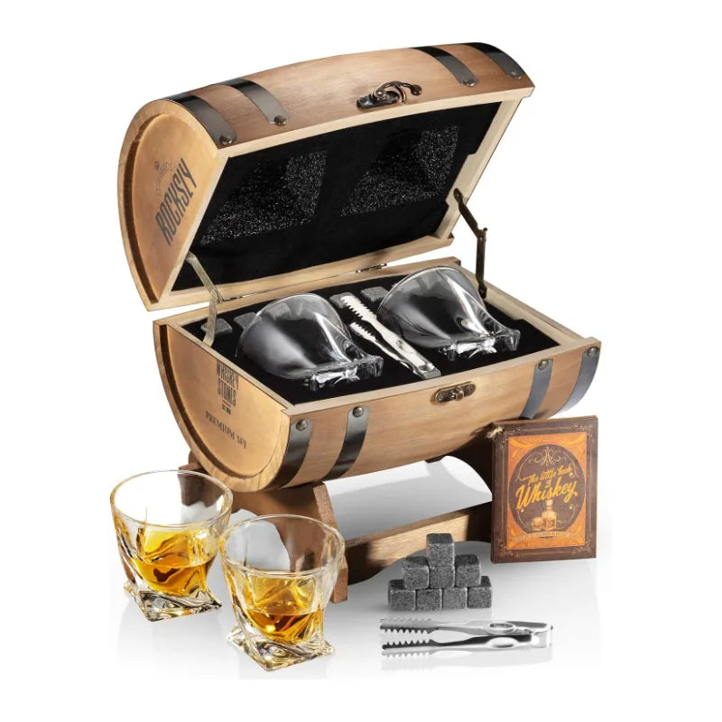 Wholesale Custom Men's Premium Whiskey Stones Gift Box Wood Case Stand 2 Glasses 8 Stones Tongs Carry Bag Full Barrel Polishe