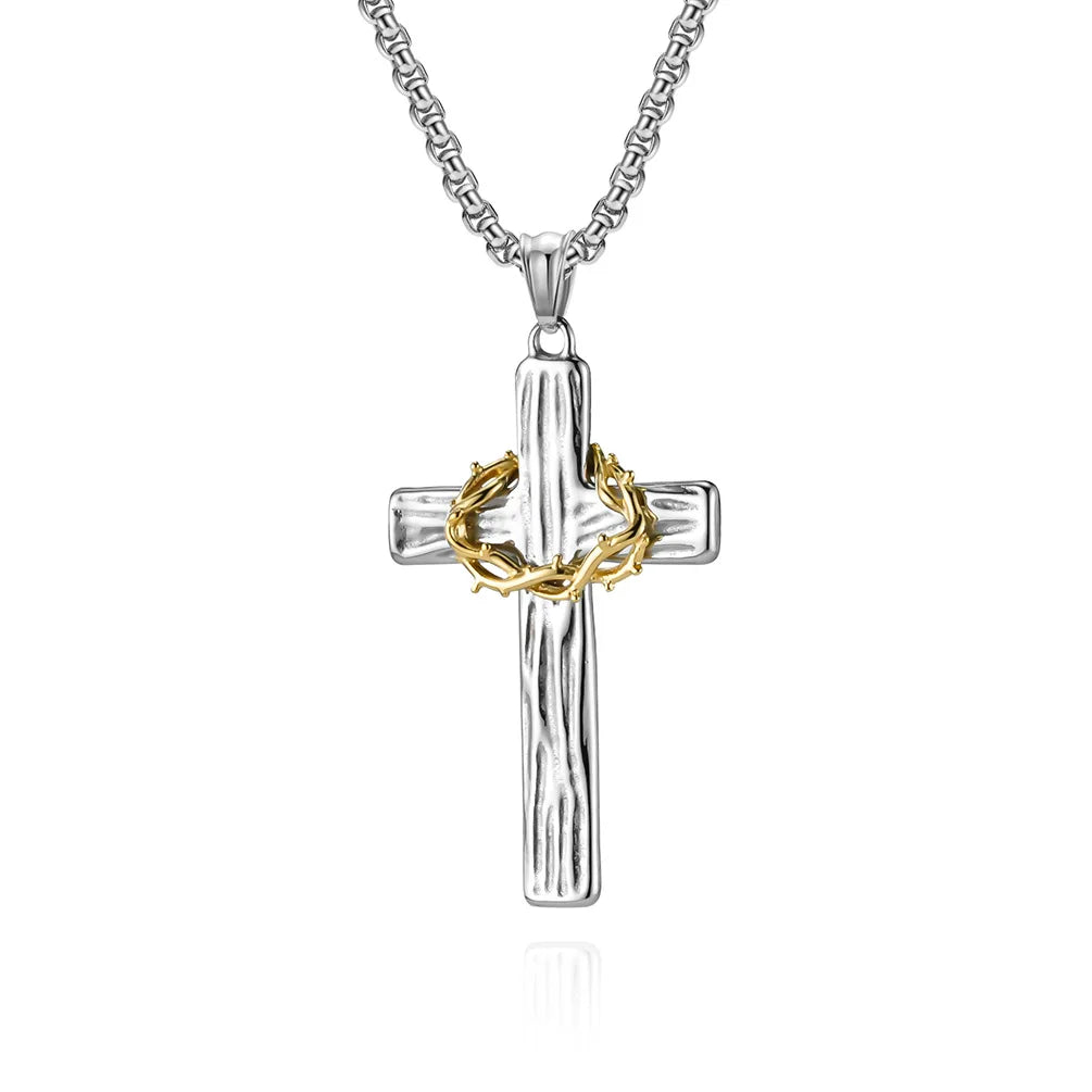 Religious Jewelry Stainless Steel Thorn Cross Pendant Necklace for Men