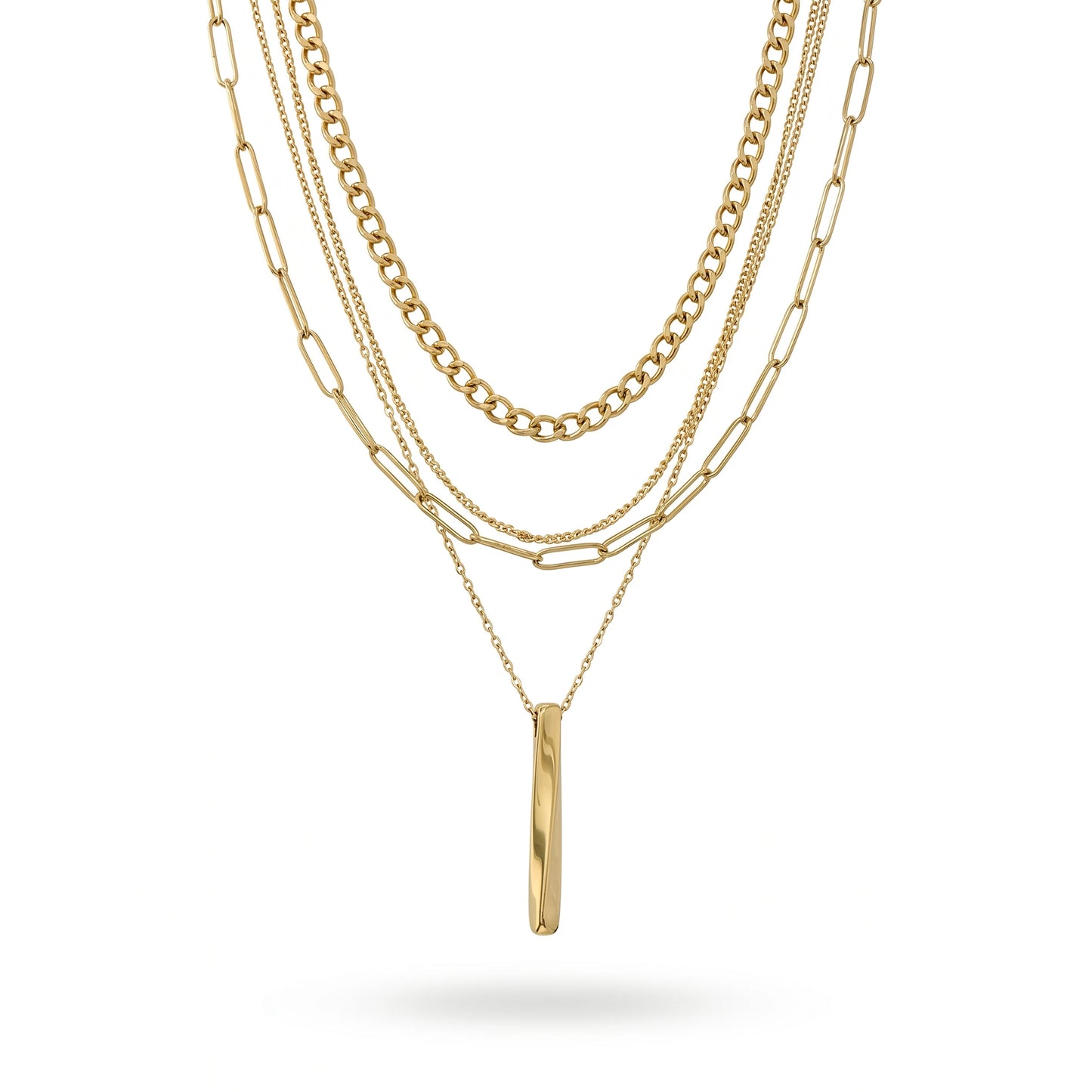QIAOREN 11337 18K Gold Plated 4 Layered Mixed Chain Necklace With Vertical Bar Pendant Stainless Steel Tarnish Free