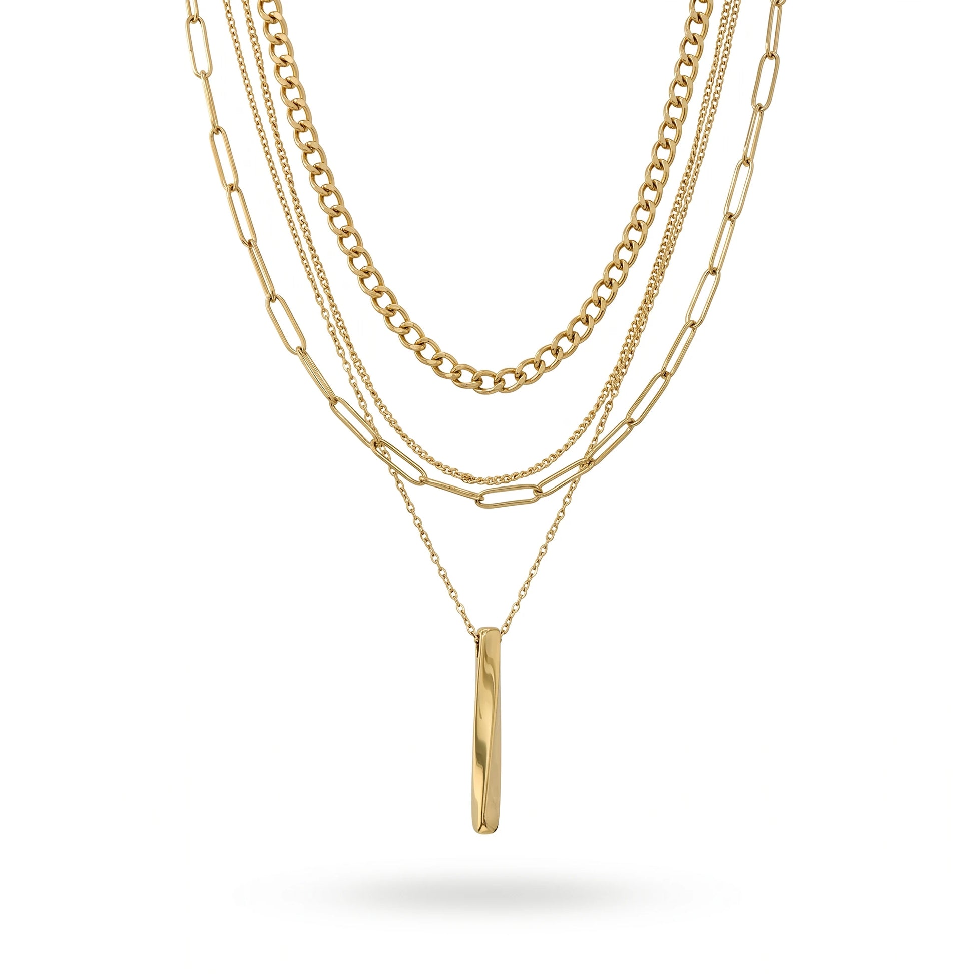 QIAOREN 11337 18K Gold Plated 4 Layered Mixed Chain Necklace With Vertical Bar Pendant Stainless Steel Tarnish Free