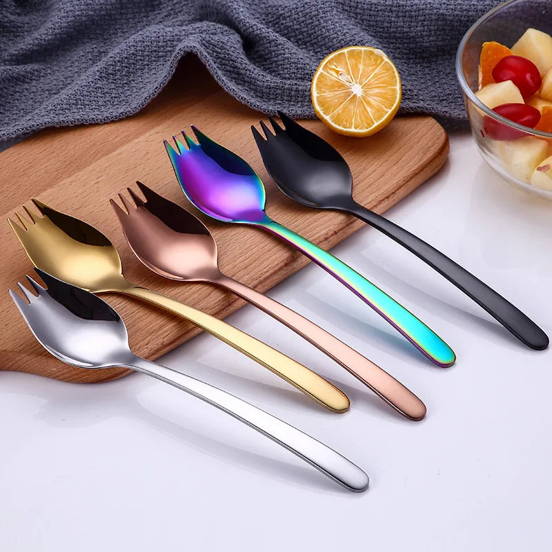 Multifunctional Spork Salad Fork Noodle Spoon Dessert Spoons Mirror Polish Camping Stainless Steel Salad Server Set