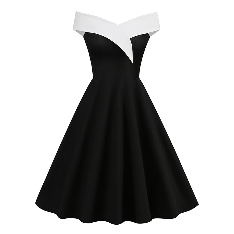 Good Quality Vintage Cotton Party Dress 2023 New Arrive 50s 60s off Shoulder Solid Color Cocktail Dress