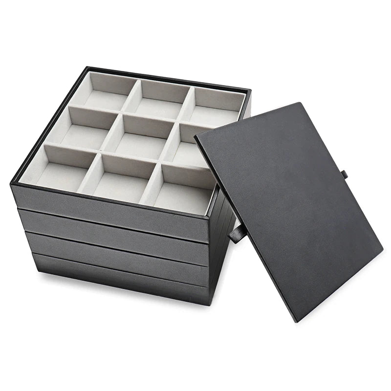 Custom Logo Black PU Leather Jewelry Tray with MDF 4 Layers Stackable Organizer with Lid Bulk Order Charming Packing Model D0