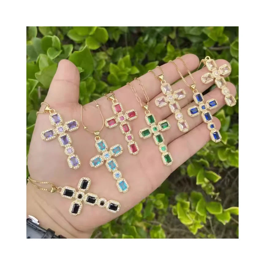 Luxury Gold Crystal Rhinestone Necklace Fashion Stainless Steel Chain Jewelry Religious Catholic Christian Cross Pendant Gift