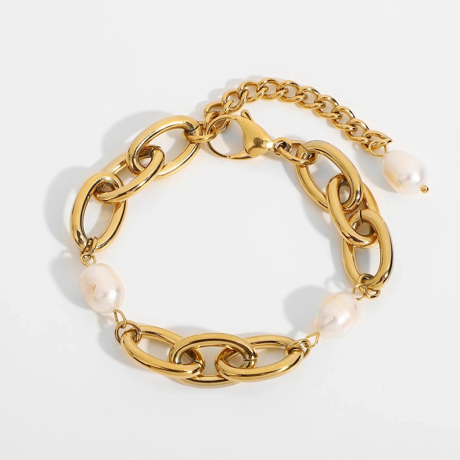 European and America 18K Gold Plate Stainless Steel Oval Chunky Chain Charm Bracelet Baroque Freshwater Pearl Bracelet for Wo