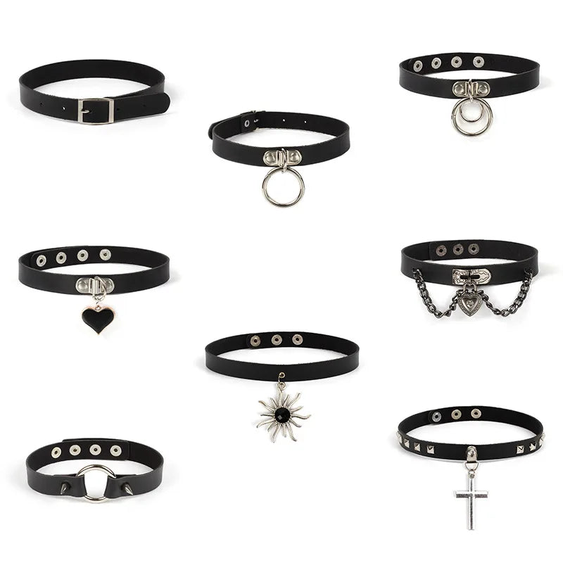 Wholesale Factory Hot Sale Leather Punk Goth Necklace Creative  Love Cross Sun Flower Pendant Choker Necklace Women