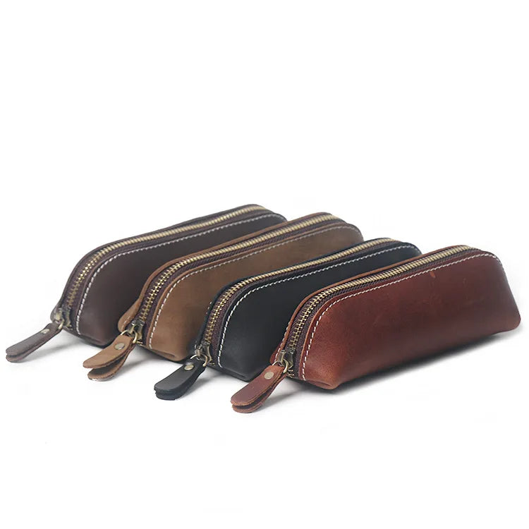 Genuine Leather Pencil Bag Retro Simple Stationery Holder Handmade Pen Case Storage Bag Zipper Pencil Pouch School Supplies