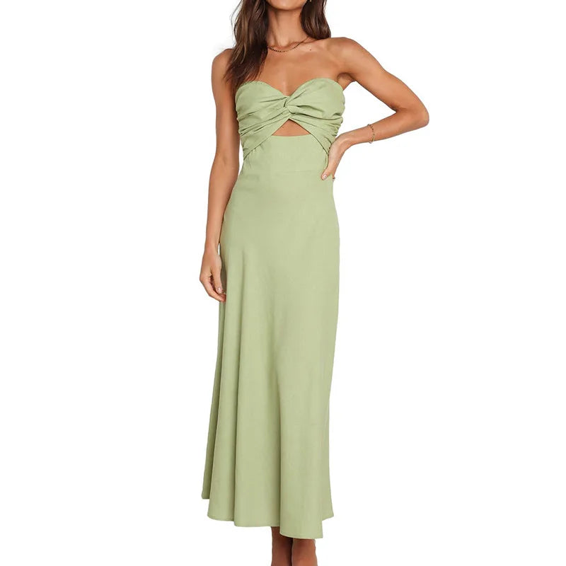 Strapless Fit and Flare Cotton Dress for Women Modest Simple Summer Casual Cutout Plain Bow Dresses