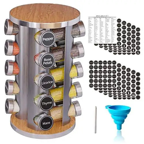 Minimalist Stainless Steel Revolving Carousel Spice Jar Rack Set Organizer with Glass Bottle Plastic Kitchen Rack Storage