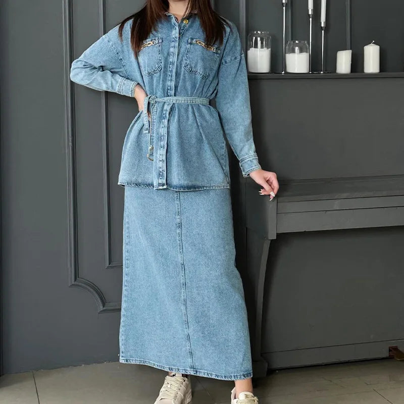 Spring and Autumn Women Suits Tops + Long Skirt Set Fashion Casual Denim Belt Dress Suits Lady Women's Casual Set
