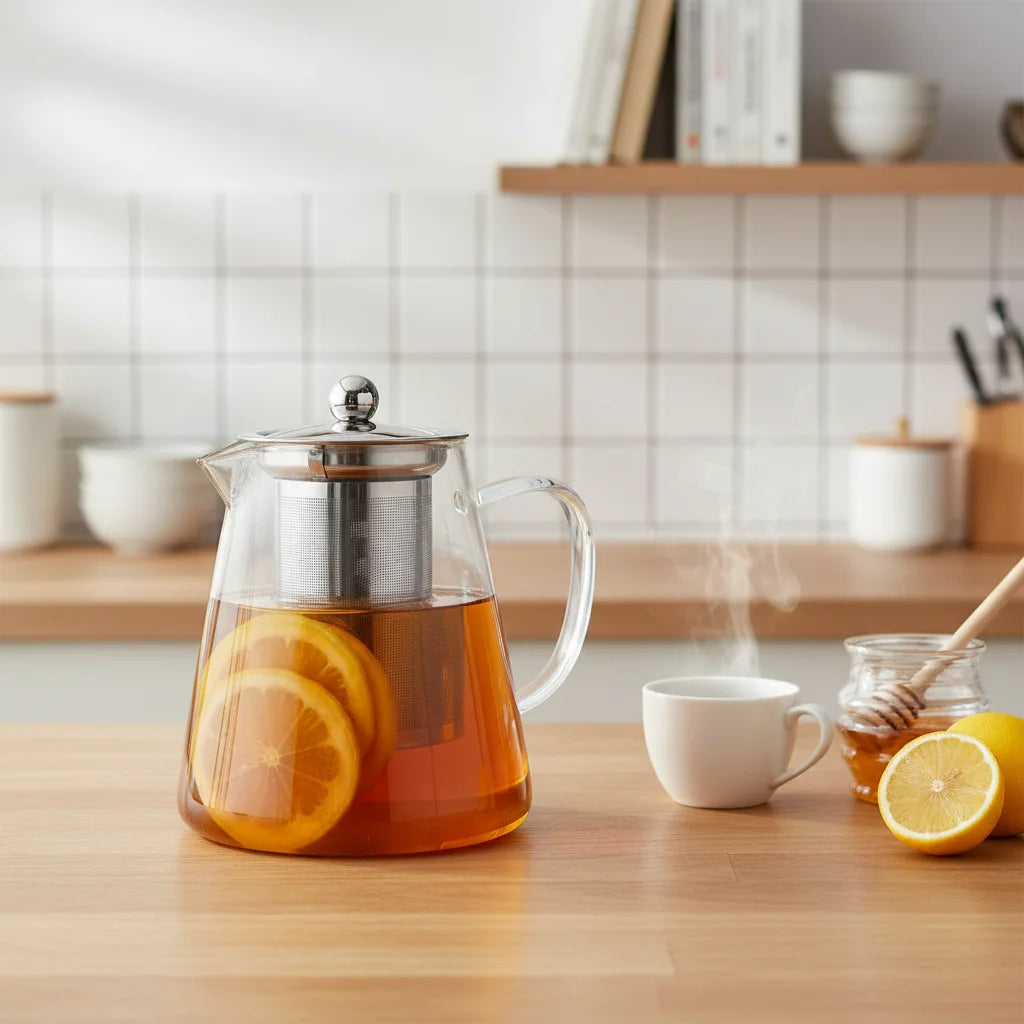 750ml 25oz Stainless Steel Teapot Clear Borosilicate Glass Extra Fine Infuser for Iced Tea Coffee Brewing Premium Coffee Tea 