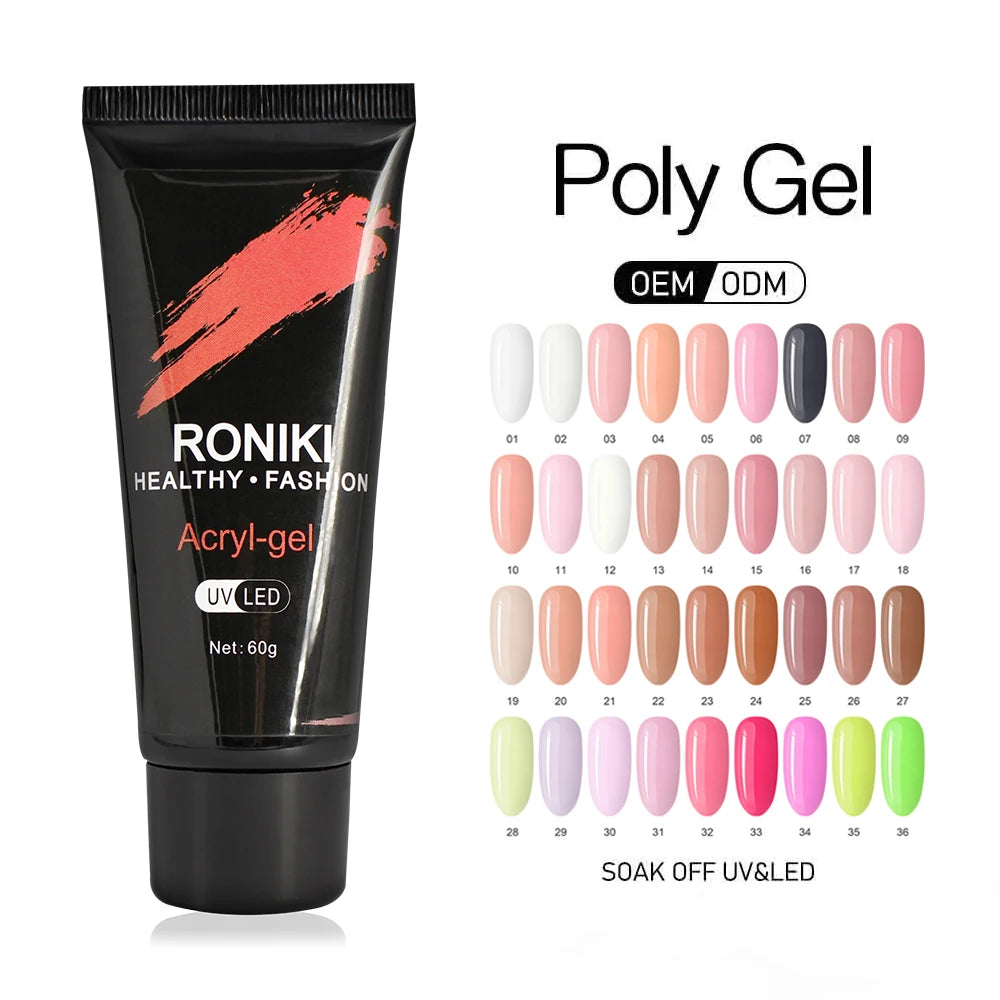 RONIKI Nail Extension Gel Poly Acrylic Gel Set Kit 36 Colors OEM Custom Logo Private Label Long Lasting Acrylic Nail Poly Gel