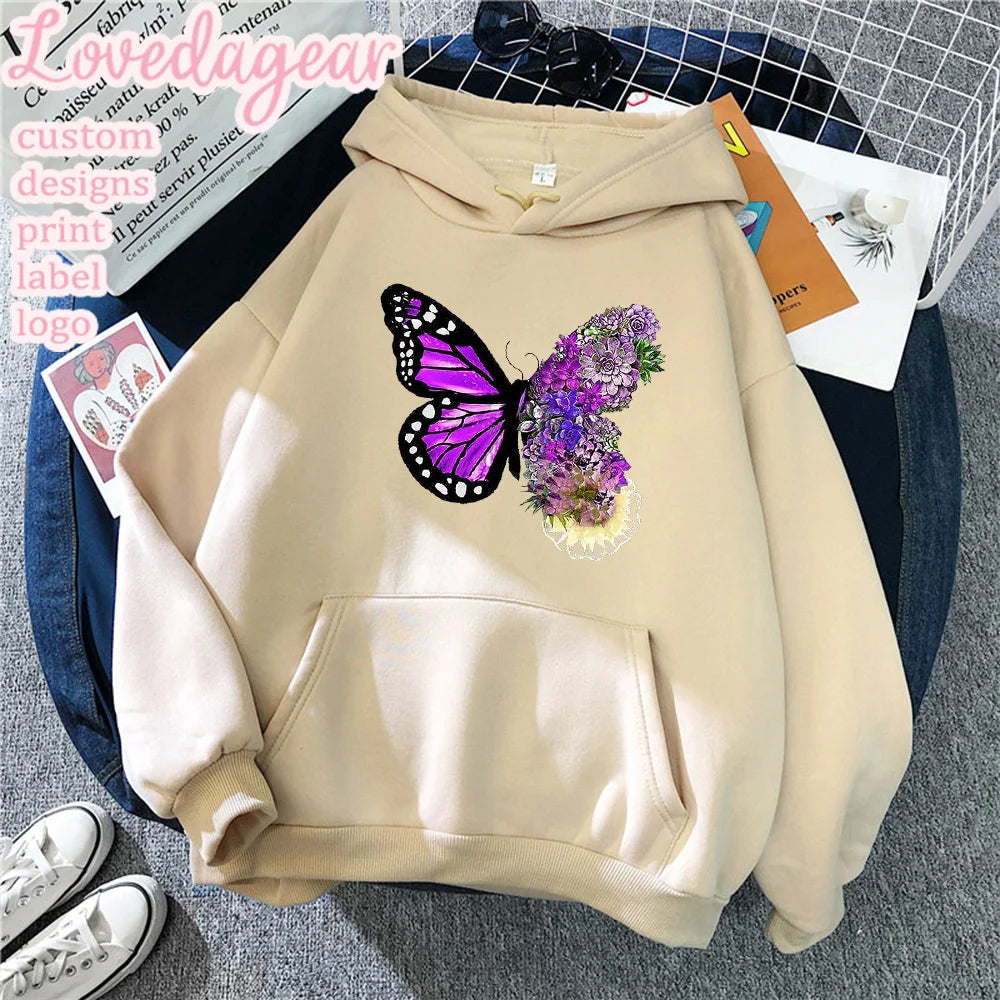 Loveda Custom Private Label Women Solid Long Sleeve Hoodie Butterfly Print Graphic Sweatshirt With Drawstring
